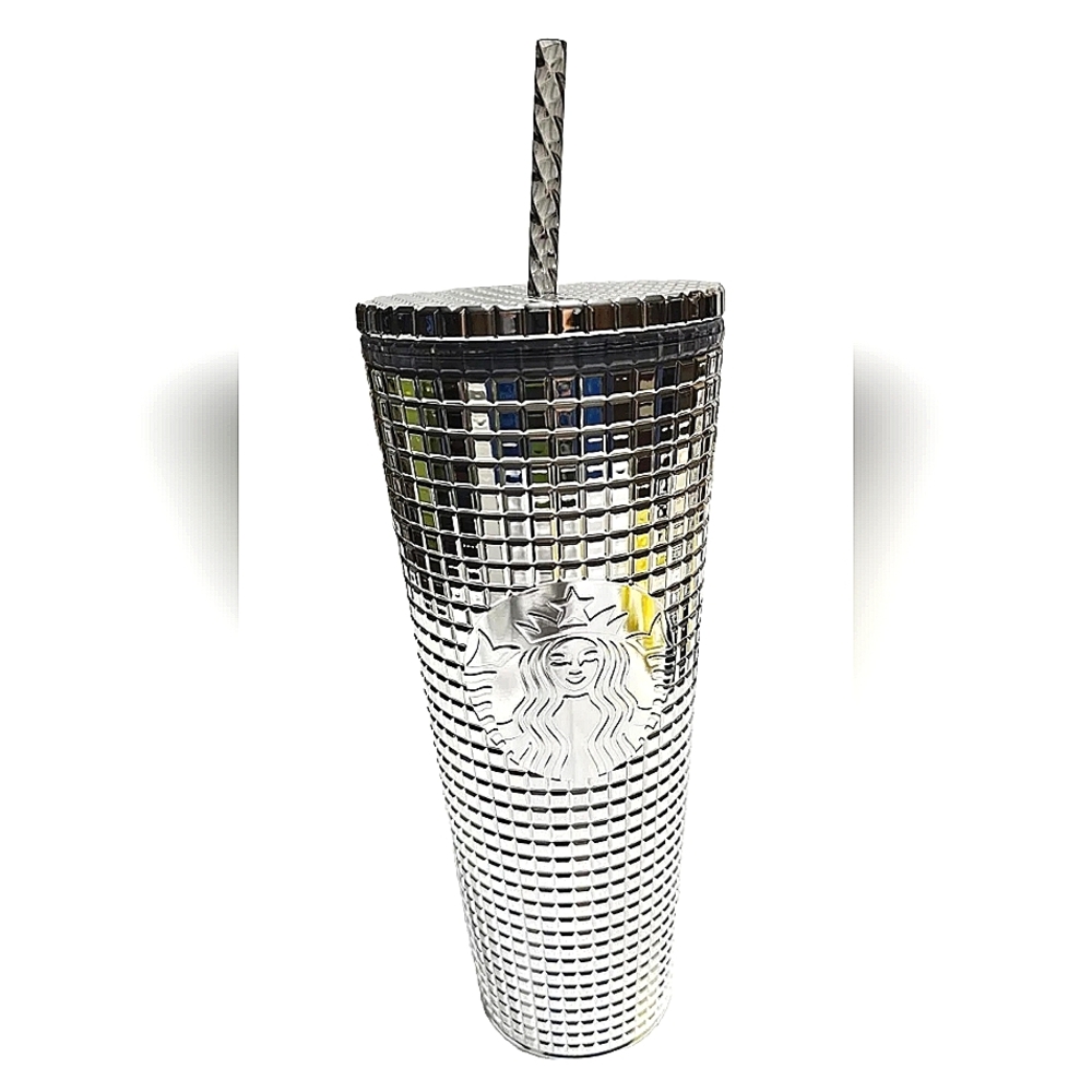 NWT Starbucks 2023 Holiday Metallic Mirror Silver Grid Disco Venti 24oz